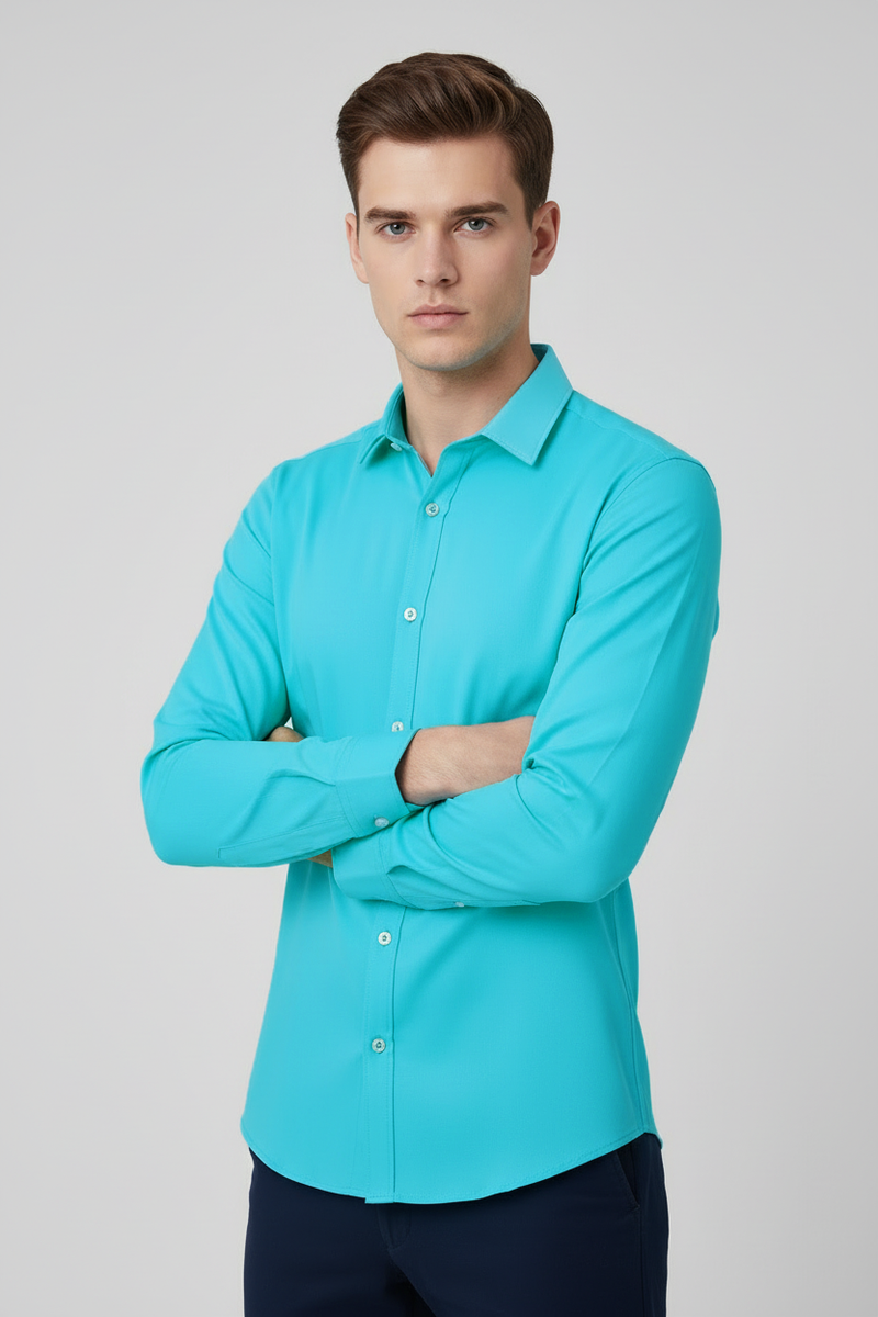 Rawgear 4 Side Lycra Slim Fit Long Sleeve Casual Shirt For Men-Cyan Blue-RG15