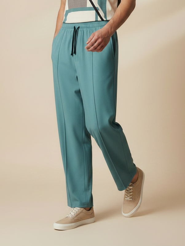 Stylish Tale Blue Wide-Leg Pleated Summer Lycra Trousers For Men-NST13