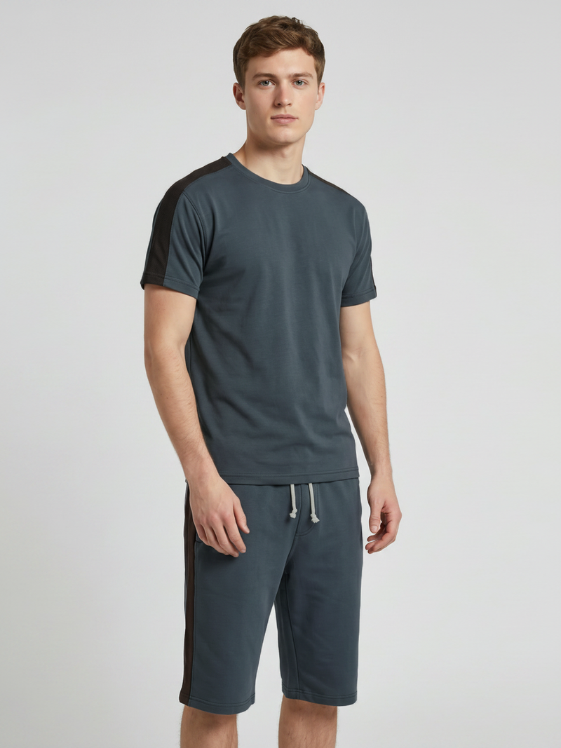 Summer Co Ord Set For Men-Dark Grey & Chocolate Panel-BE7213