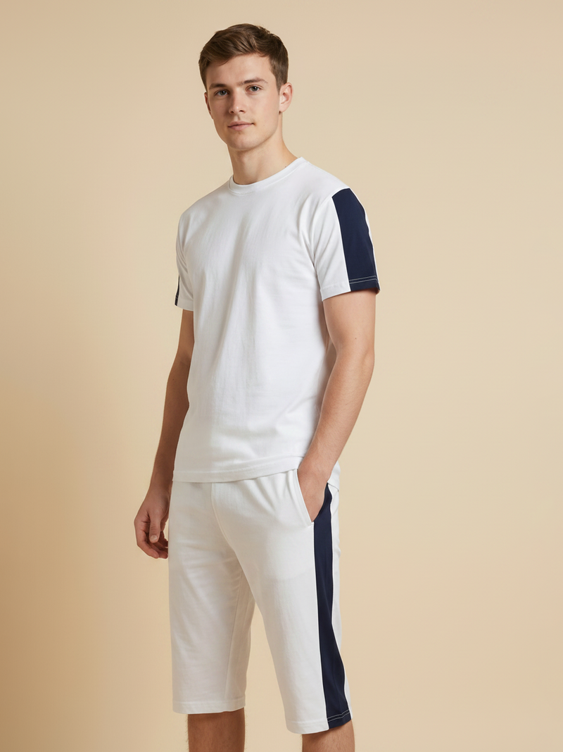 Summer Co Ord Set For Men-Off White & Navy-BE1981