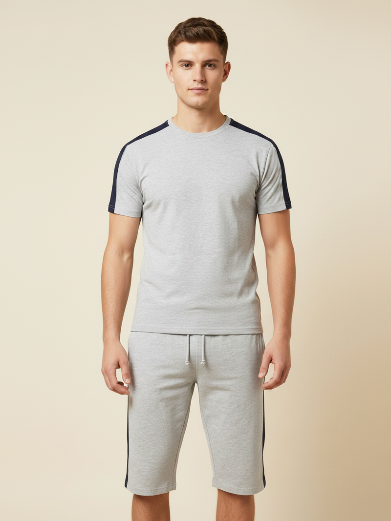 Summer Co Ord Set For Men-Light Grey Melange & Navy-BE1913