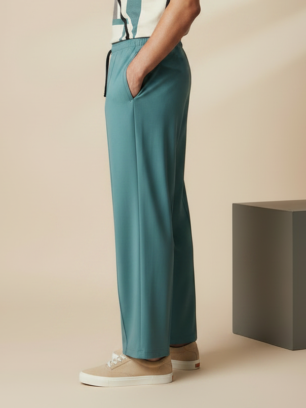 Stylish Tale Blue Wide-Leg Pleated Summer Lycra Trousers For Men-NST13
