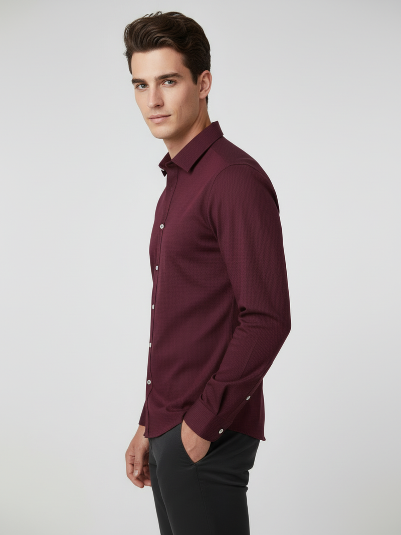 Rawgear 4 Side Lycra Slim Fit Long Sleeve Casual Shirt For Men-Dark Burgundy With Subtle Texture-RG09