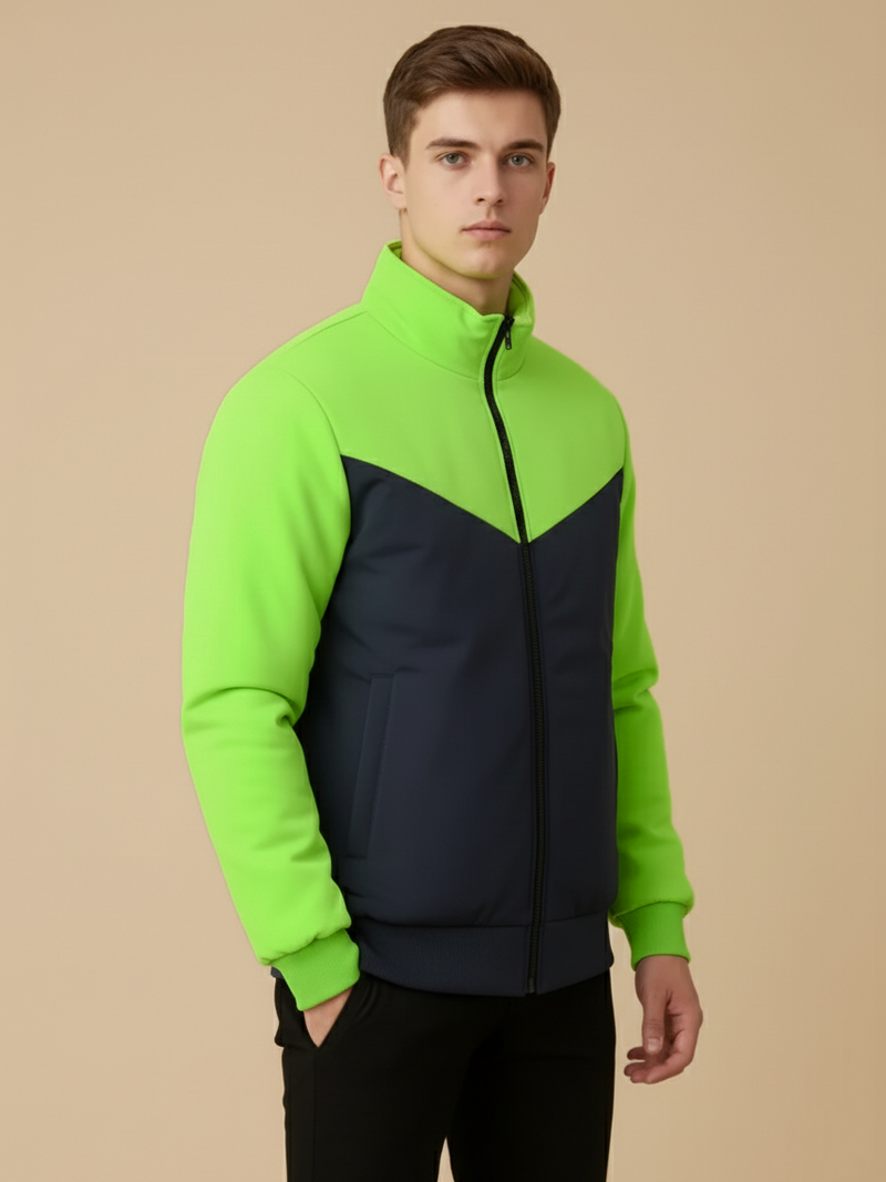 Stylish Winter Zipper Mockneck Jacket For Men-Lime Green & Dark Navy-BRPH27
