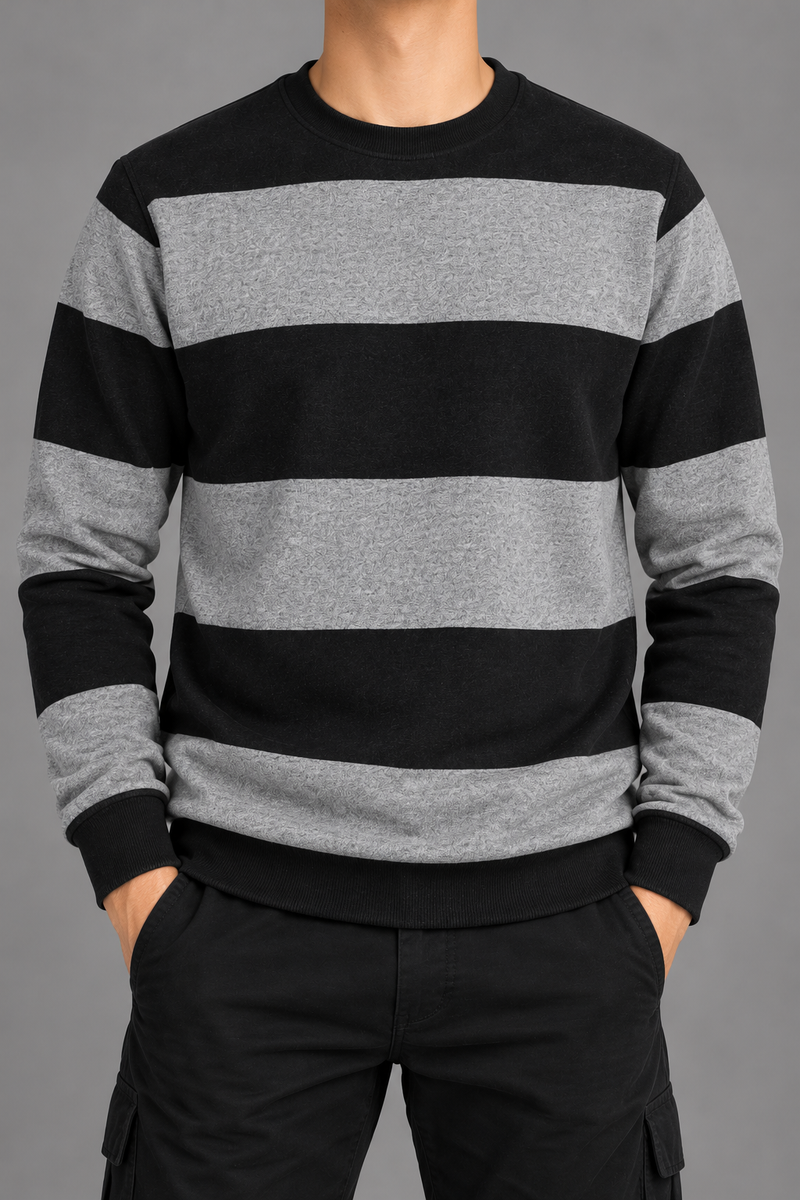 BOYS Black & Grey Striped Fleece Sweatshirt – Regular Fit-MU434