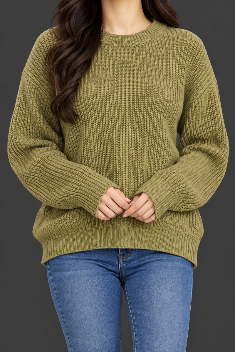 Women’s Olive Green Chunky Knit Sweater – Oversized Crew Neck Premium Winter Wear-MU362