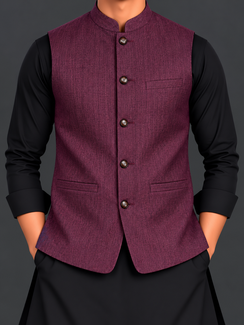 Men’s Premium Textured Maroon Waistcoat – Classic Formal Style-M$09