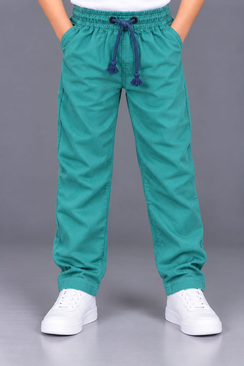 Kids’ Light Teal Green Casual Trouser with Navy Blue Drawstring – Regular Fit-MU161