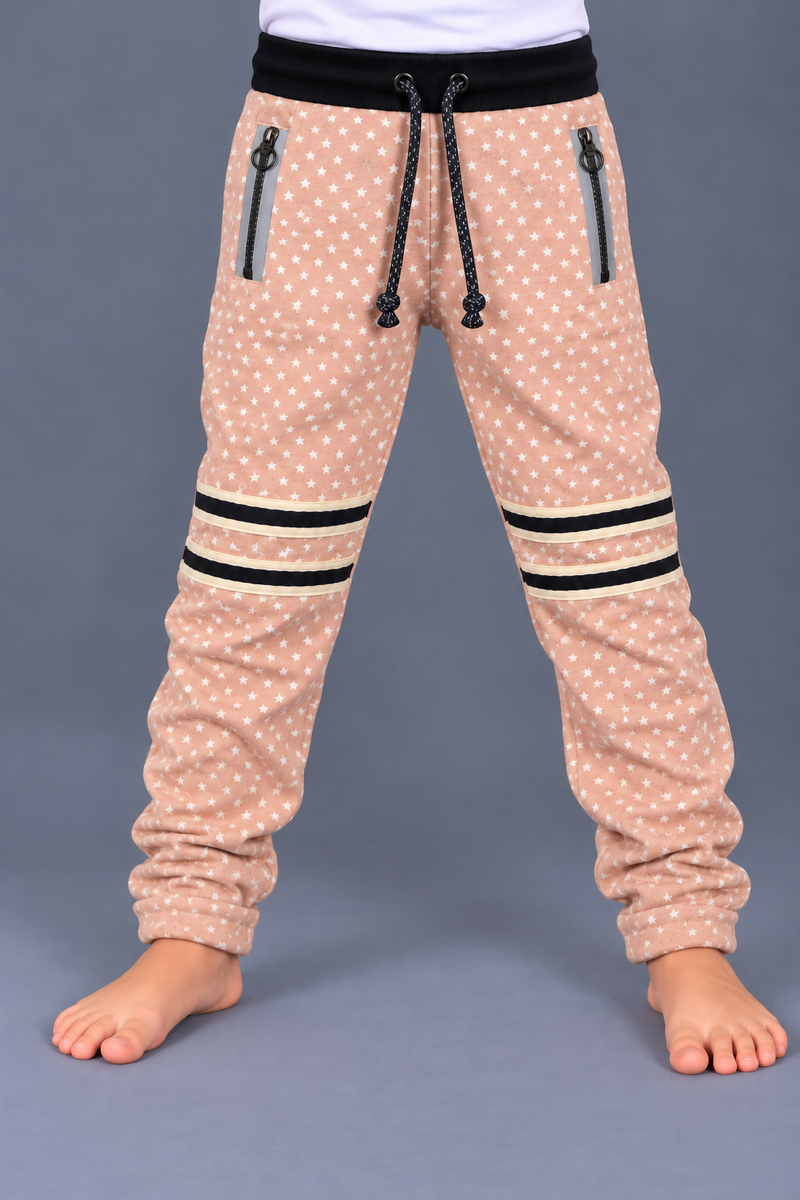 Kids Dusty Pink Star Print Jogger Trouser with Dual Zip Pockets & Striped Details-MU241