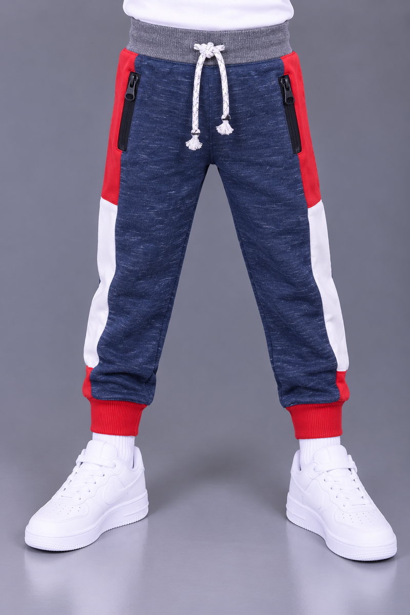 Kids’ Navy Blue Jogger Trouser with Red & White Side Panels – Grey Waistband, Red Ribbed Cuffs & Zip Pockets-MU193
