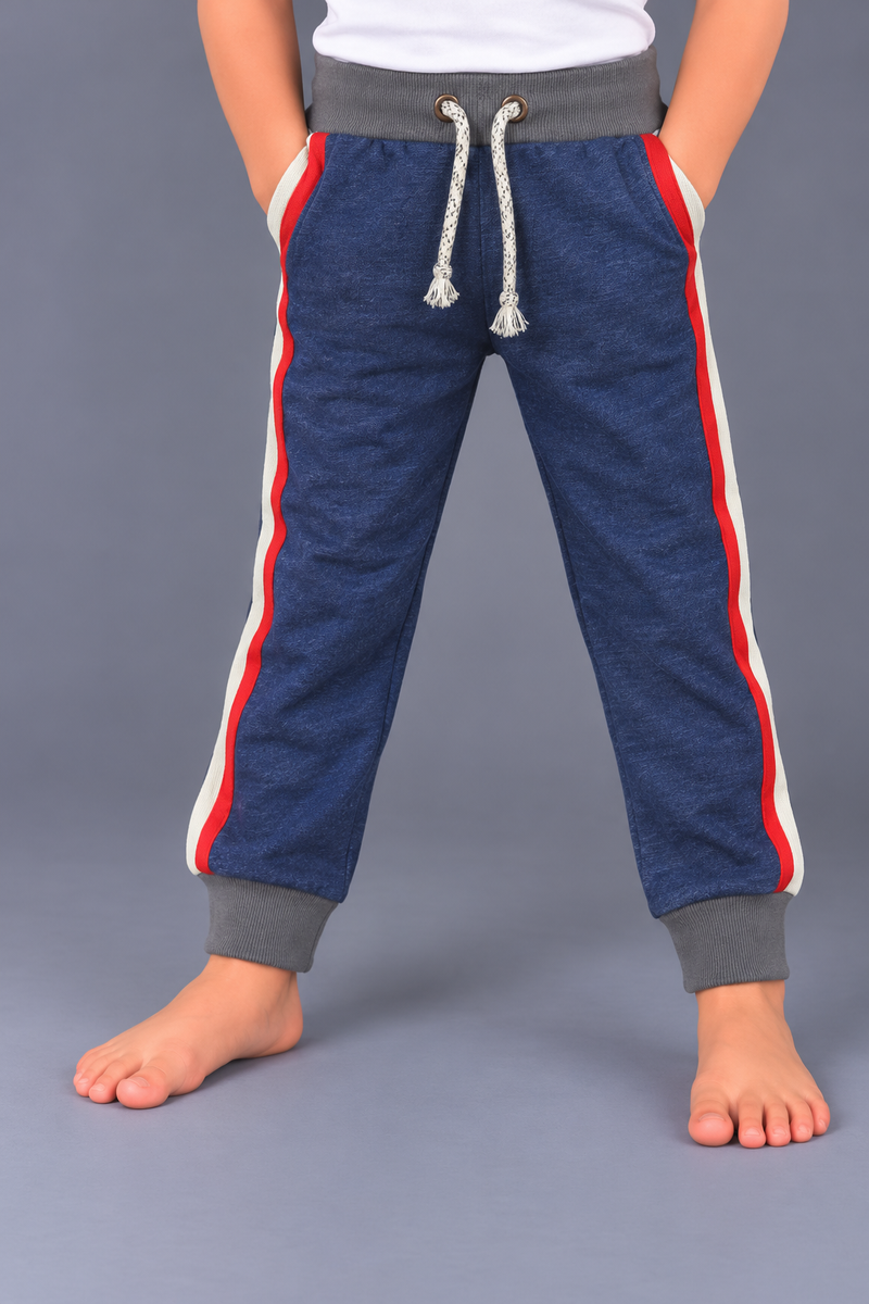 Kids Navy Blue Jogger Trouser – Red, White & Grey Side Stripes-MU215