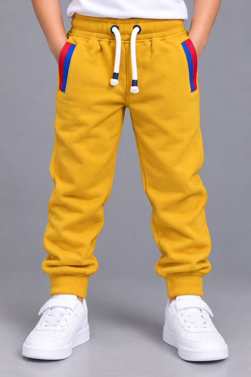 Kids Stylish Mustard Yellow Jogger Trouser with Red & Blue Pocket Stripes-MU102