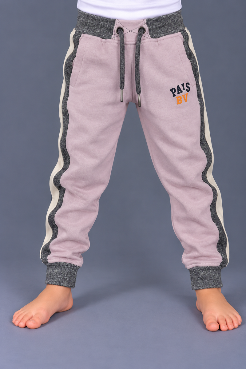 Kids Light Pink Jogger Trouser with Grey Side Panels & Ribbed Cuffs-MU244