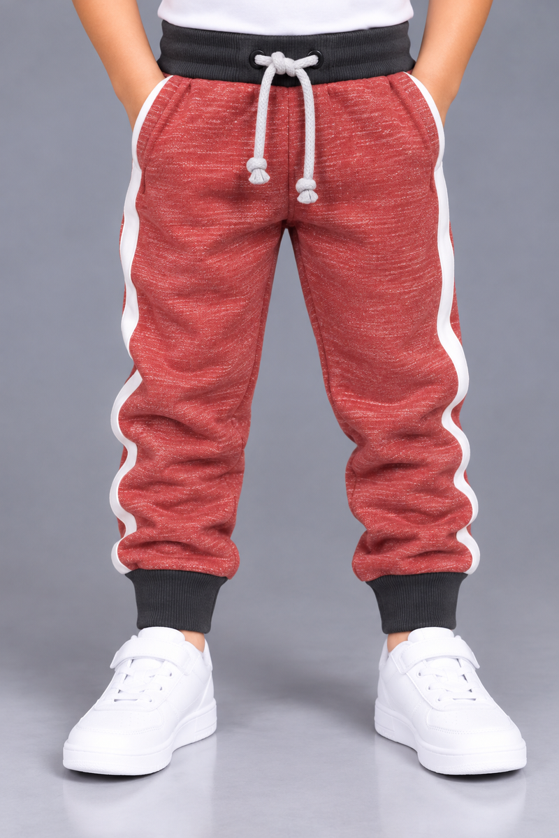 Kids Stylish Maroon Melange Jogger Trouser with White Side Stripes-MU113