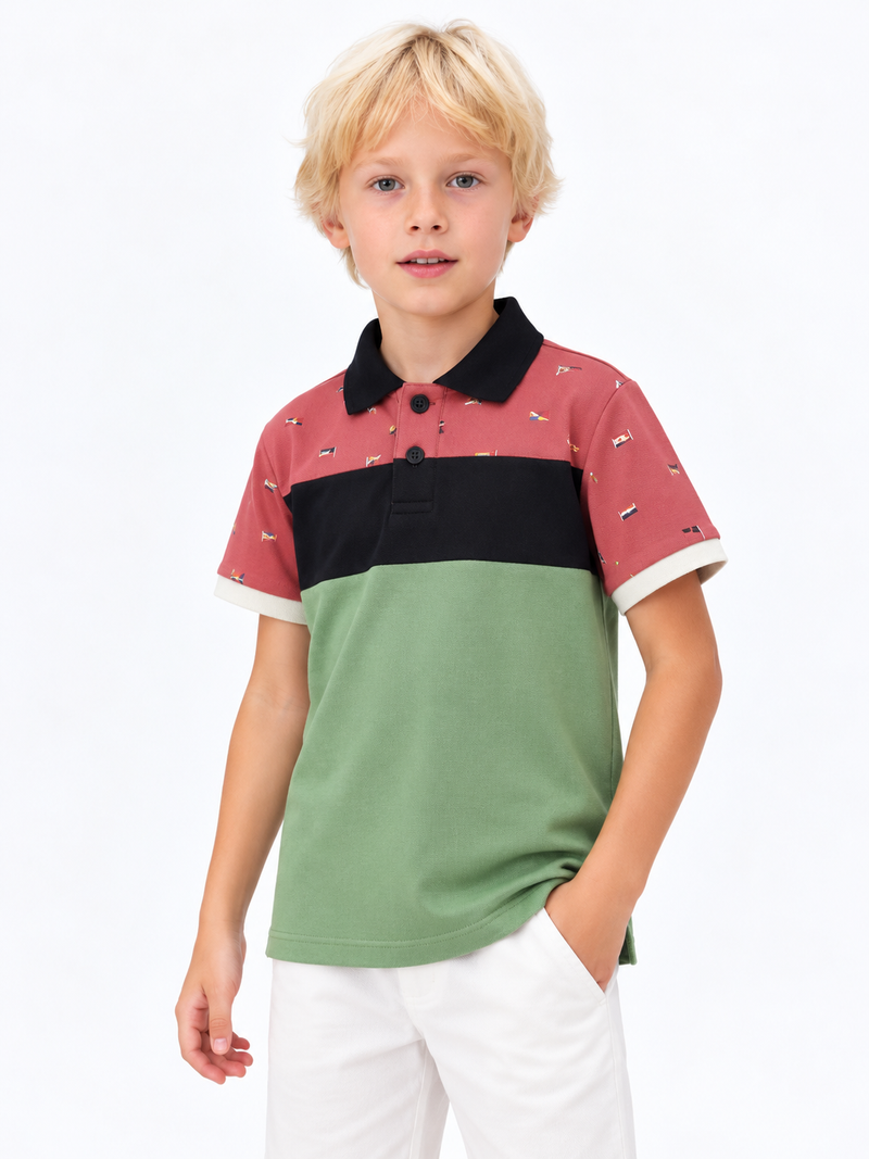 HB Summer P.Q Polo Shirt For Kids- Red, Black & Sage Green  hb03
