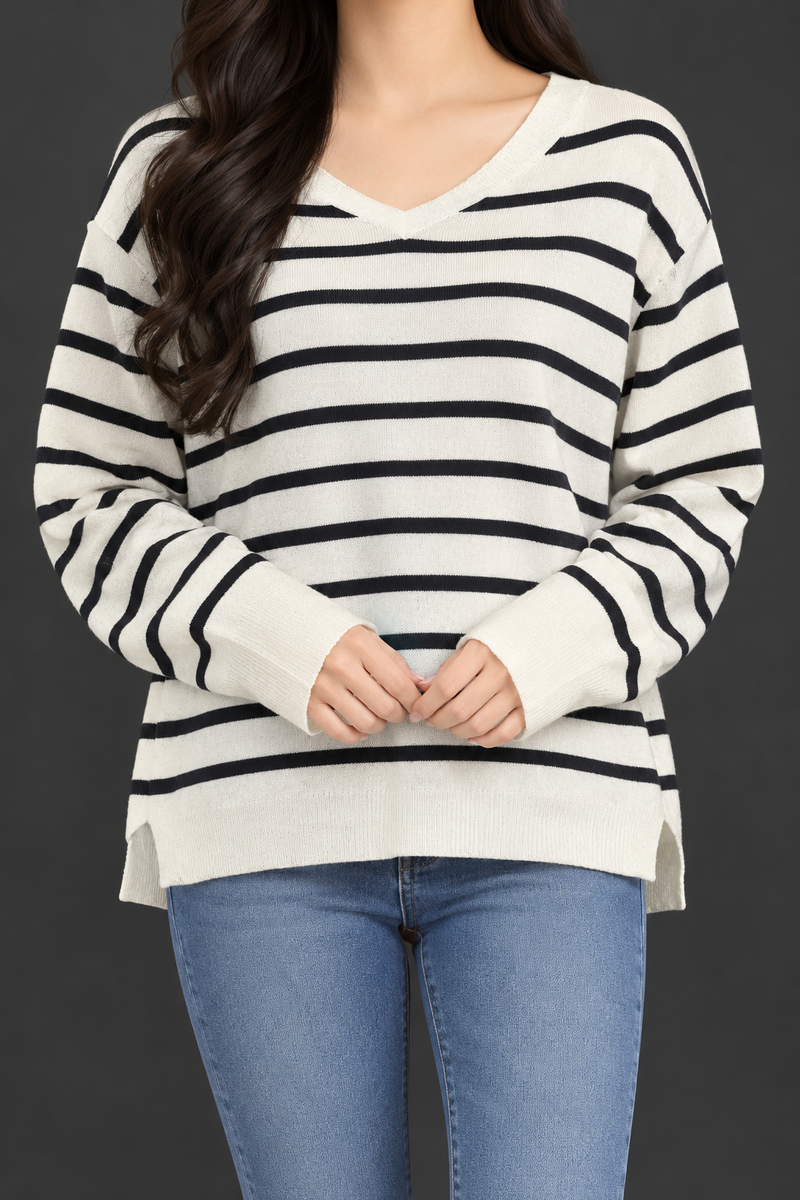 Women’s Cream & Black Striped V-Neck Knitted Sweater – Stylish Full Sleeve Winter Wear-MU360