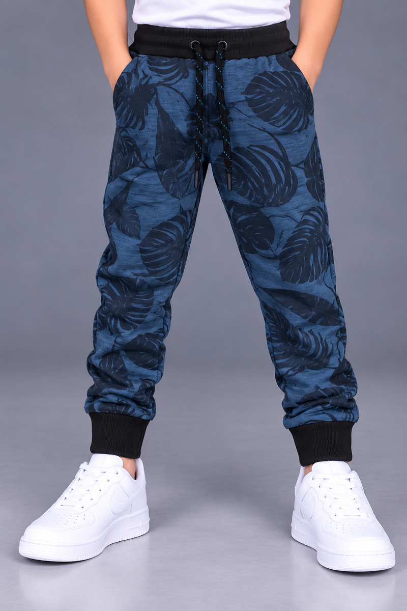 Kids’ Blue Tropical Leaf Print Jogger Trouser with Black Ribbed Waistband & Cuffs-MU175