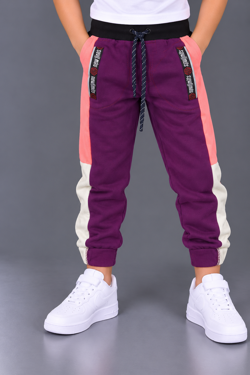 Kids Plum Purple & Peach Color-Block Jogger Trouser-MU319
