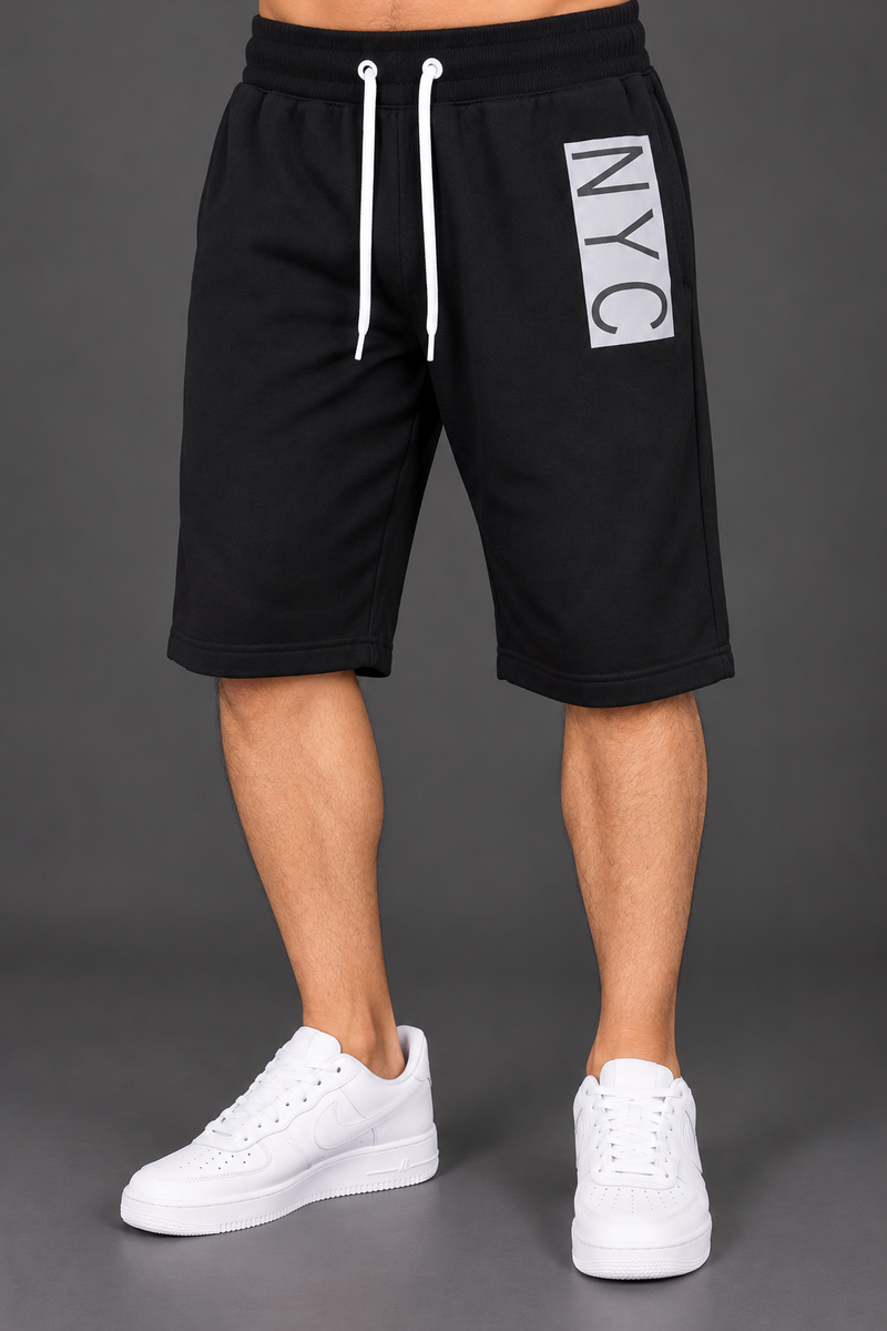 Men’s Black NYC Fleece Shorts with White Drawstring – Casual Wear-MU415