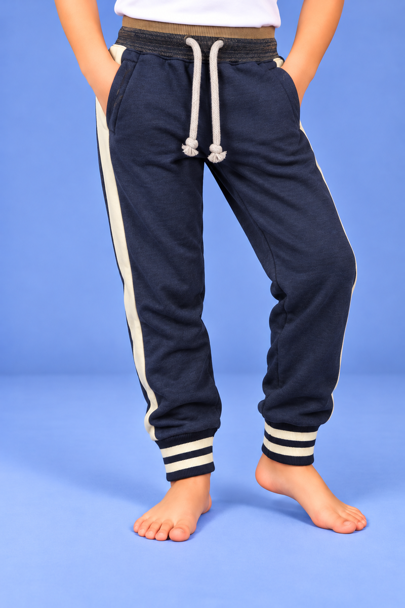 Kids Premium Navy Blue Jogger Trouser with Cream Side Panels & Striped Cuffs-MU98