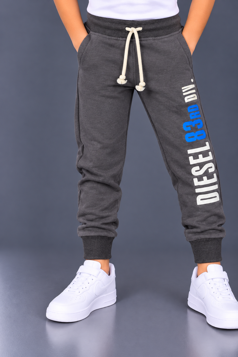 Kids Boys Charcoal Grey Printed Fleece Jogger Trouser with Blue & White Graphic-MU329