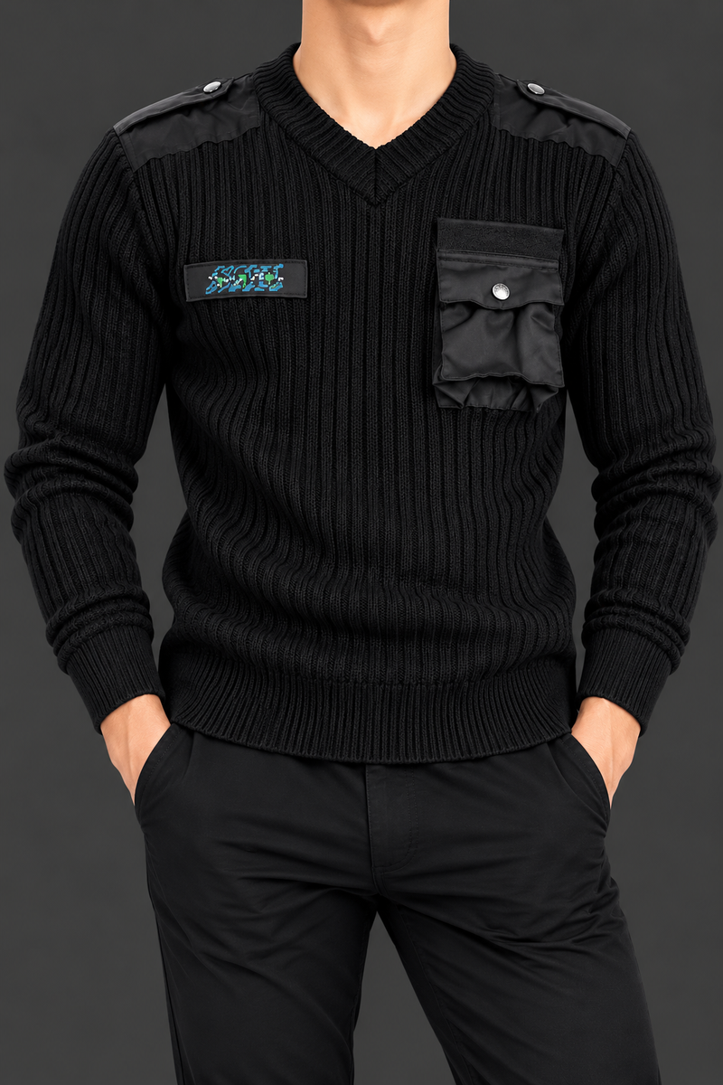 Men’s Jet Black Ribbed Knit Sweater with Utility Pocket & Shoulder Epaulettes-MU370