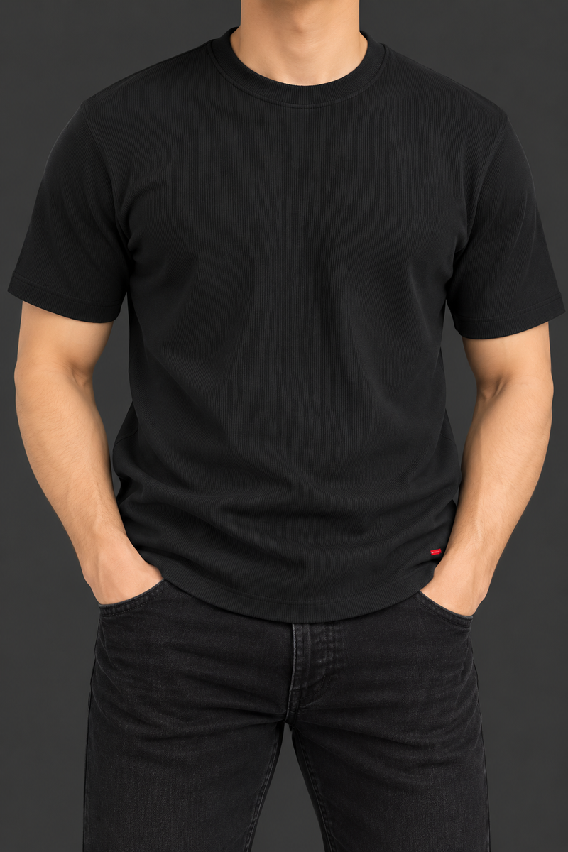 Men’s Jet Black Ribbed Knit T-Shirt – Short Sleeve Crew Neck Casual Top-MU397