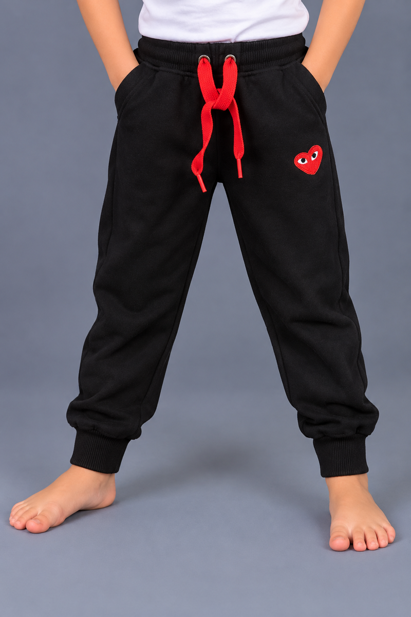 Kids Black Jogger Trouser with Red Drawstring & Heart Patch – Ribbed Cuffs-MU233
