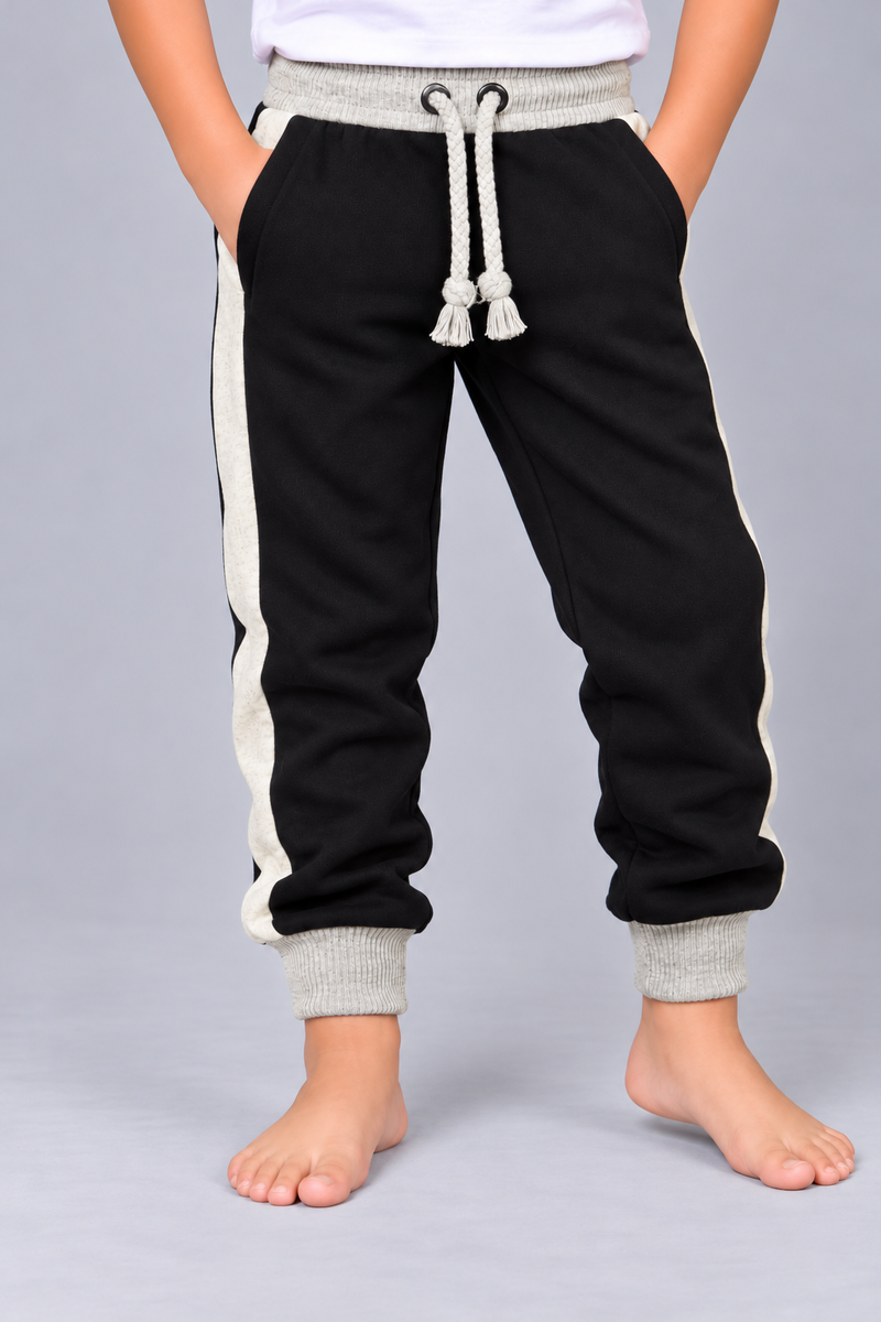 Kids Premium Black Fleece Jogger Trouser with Cream Side Panels-Black-MU79