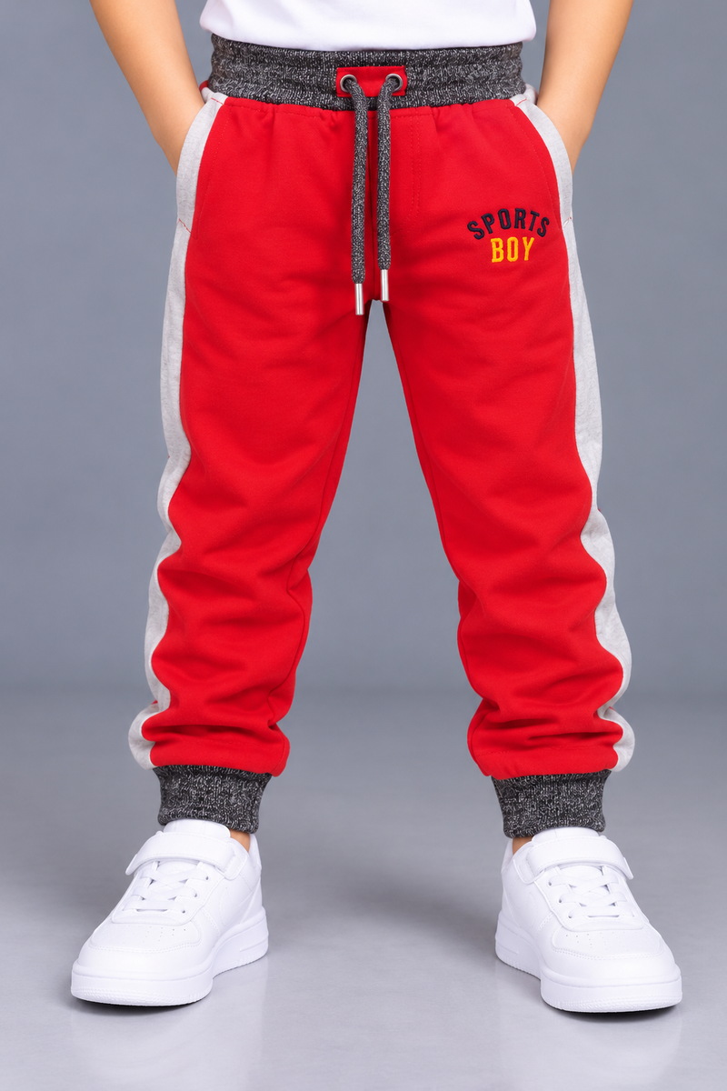 Kids Stylish Red Jogger Trouser with Grey Side Panels & “Sports Boy” Print-Bright Red-MU109