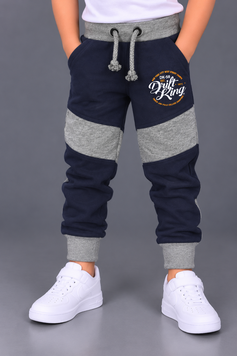 Boys Navy Blue & Grey Color Block Fleece Jogger Trouser-MU274