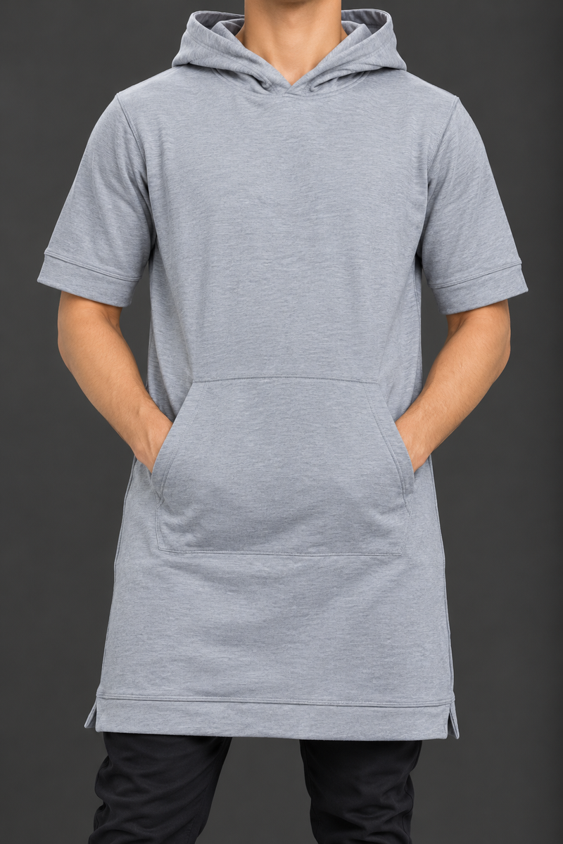 Men’s Light Grey Half-Sleeve Long Hoodie Tunic with Kangaroo Pocket-MU468