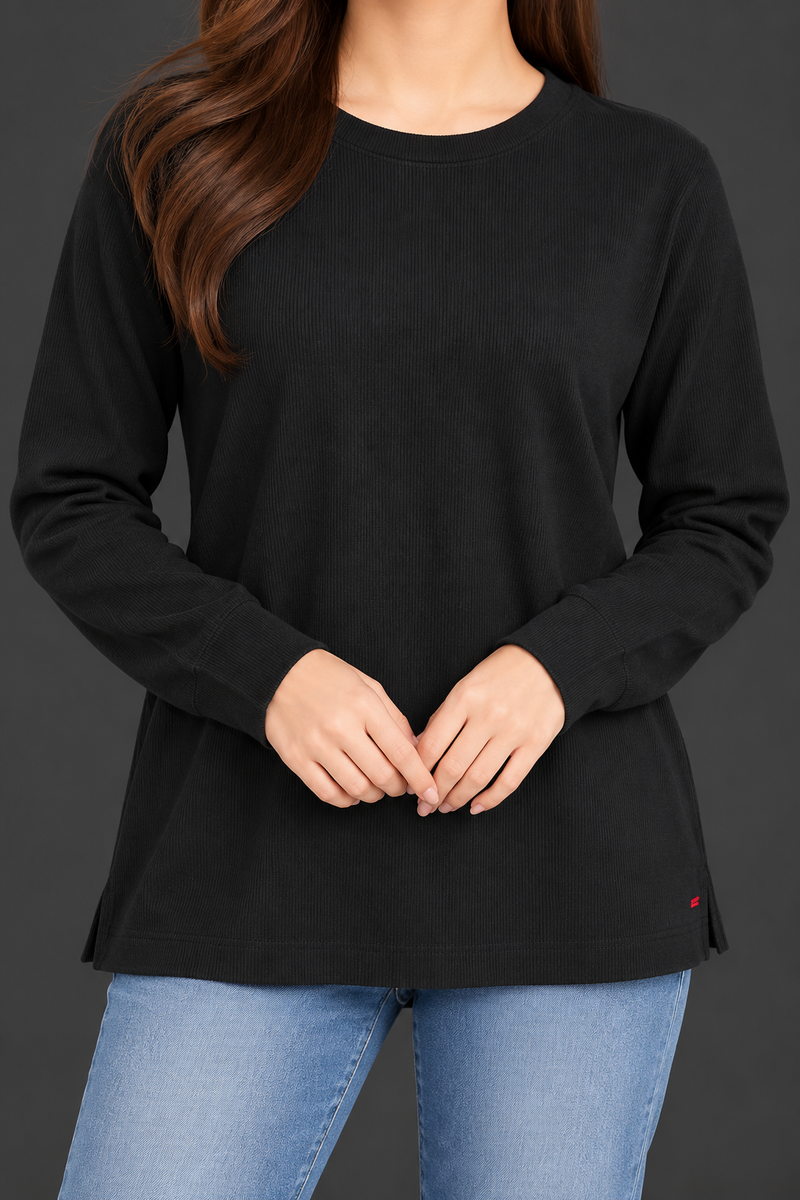 Women’s Black Ribbed Crew Neck Winter Sweater – Full Sleeve Casual Knit Top-MU408