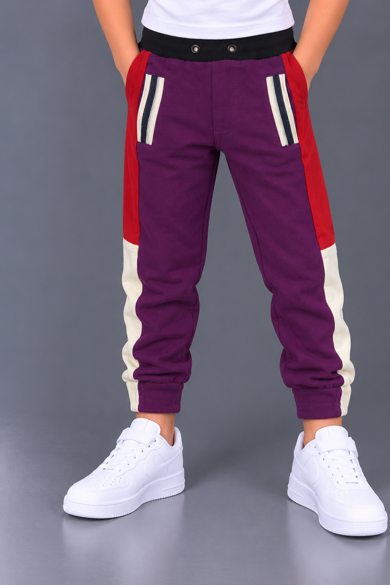 Kids Color-Block Joggers – Purple, Red & Cream | Grey Background-MU320