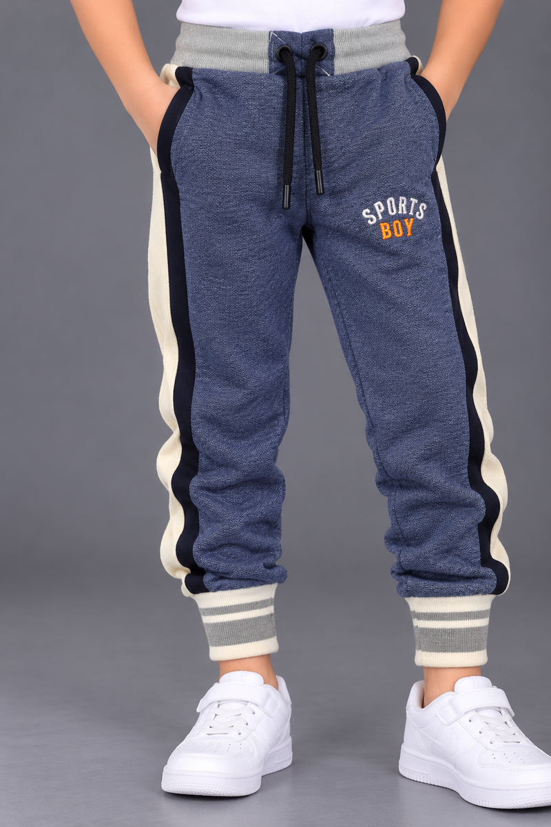 Kids Blue Melange Jogger Trouser with Contrast Side Panels & Striped Ribbed Cuffs-MU342
