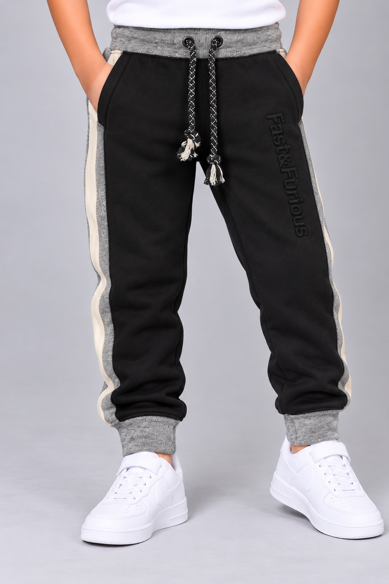 Kids Premium Black Fleece Jogger Trouser with Grey & Cream Side Panels-Black-MU77