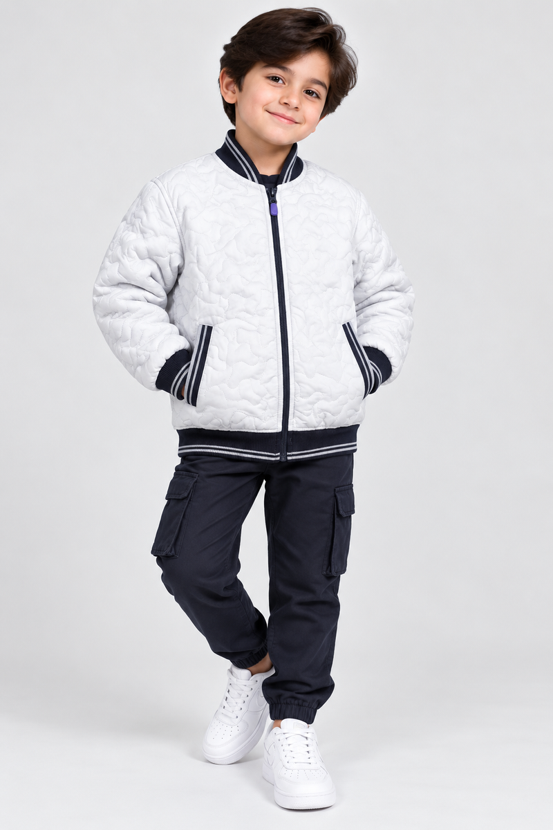 Mango Quilted Zipper Mock Neck Jacket For Kids white with black qw01