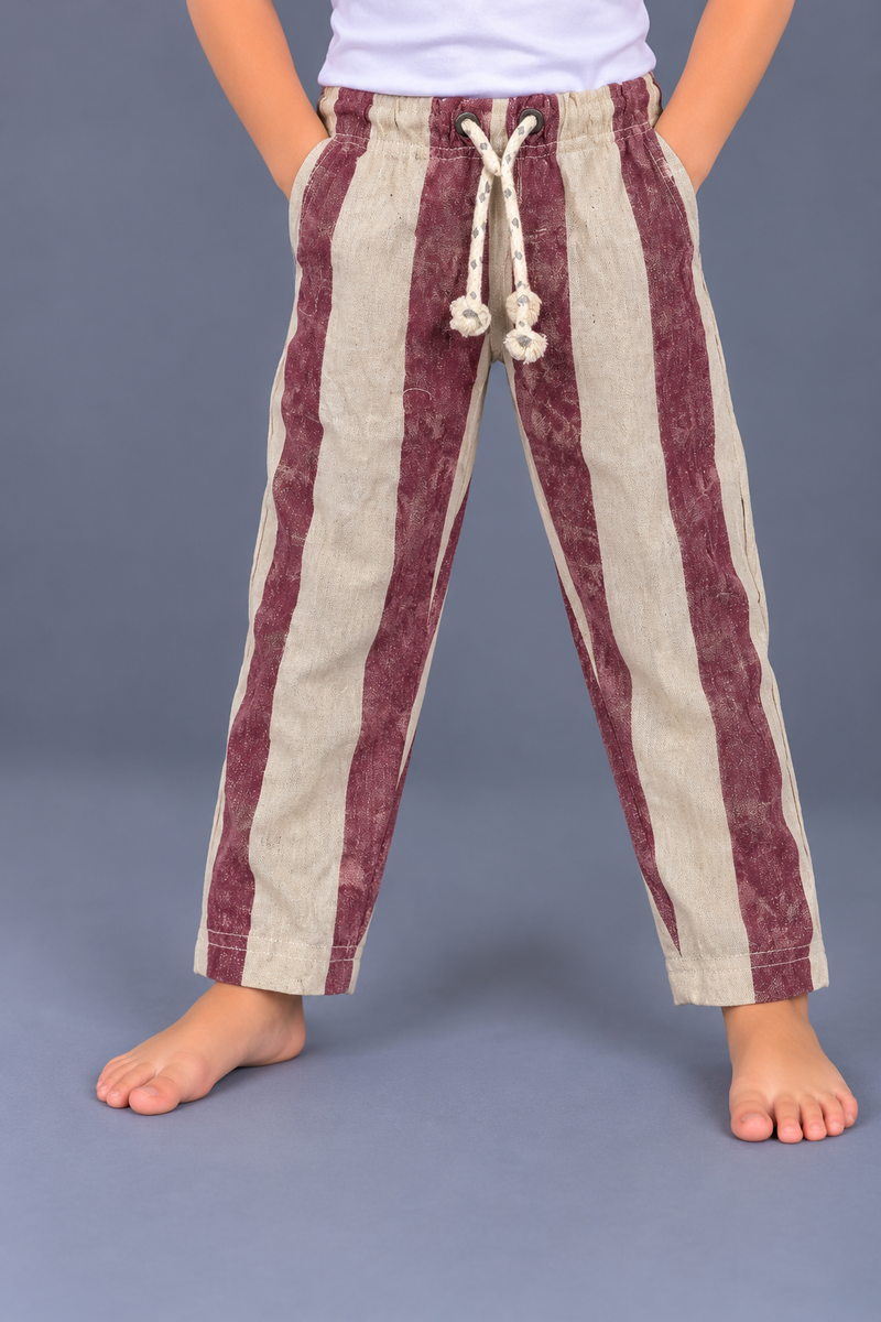 Kids Maroon & Cream Striped Cotton Trouser – Adjustable Drawstring Waist-MU231