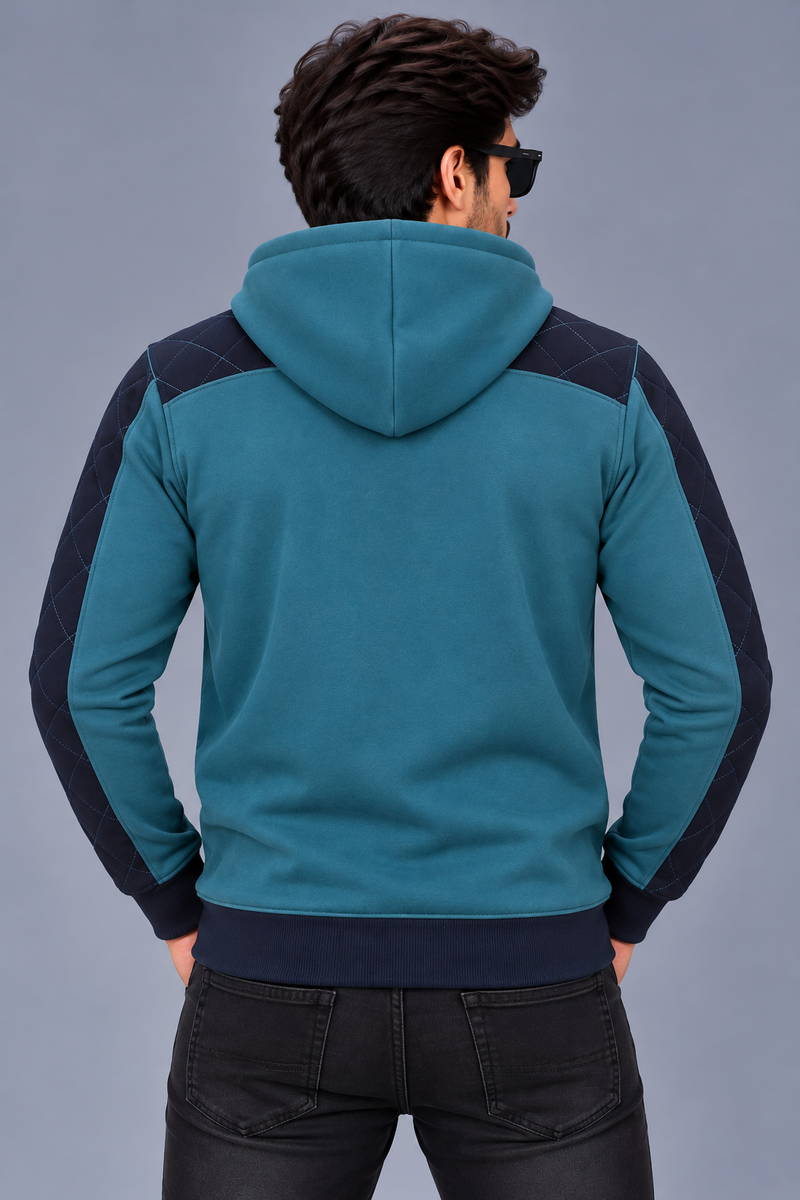 Men’s Teal Blue & Black Quilted Shoulder Panel Zip-Up Hoodie – Stylish Winter Wear-MU316