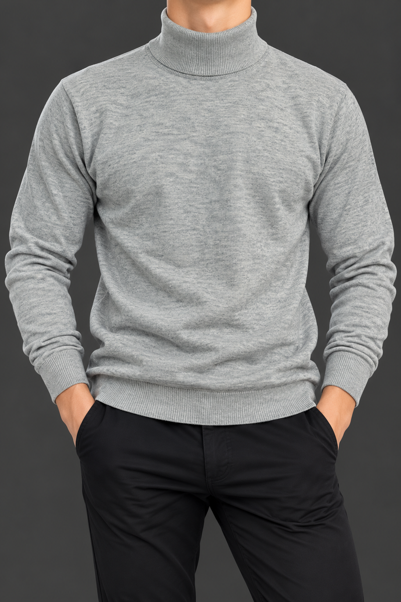 Men’s Heather Grey Turtleneck Sweater – Classic High Neck Premium Winter Wear-MU368