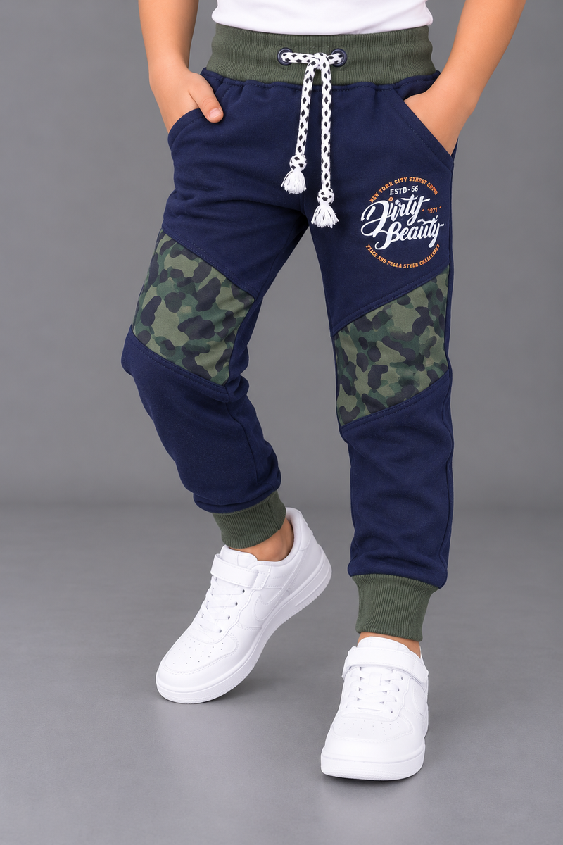 Kids Fleece Boys Navy Blue Camo Panel Jogger Trouser – Olive Green Cuffs-MU261