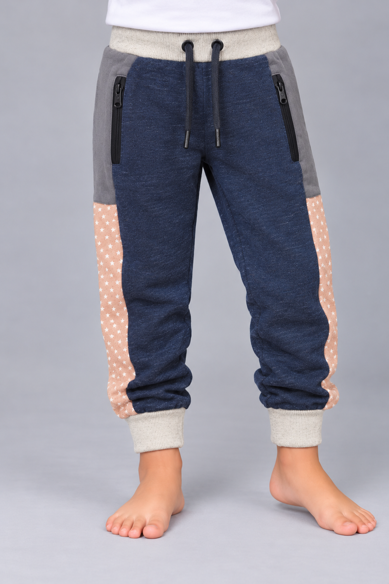 Kids Premium Navy Fleece Jogger Trouser with Star Side Panels & Zip Pockets-MU80