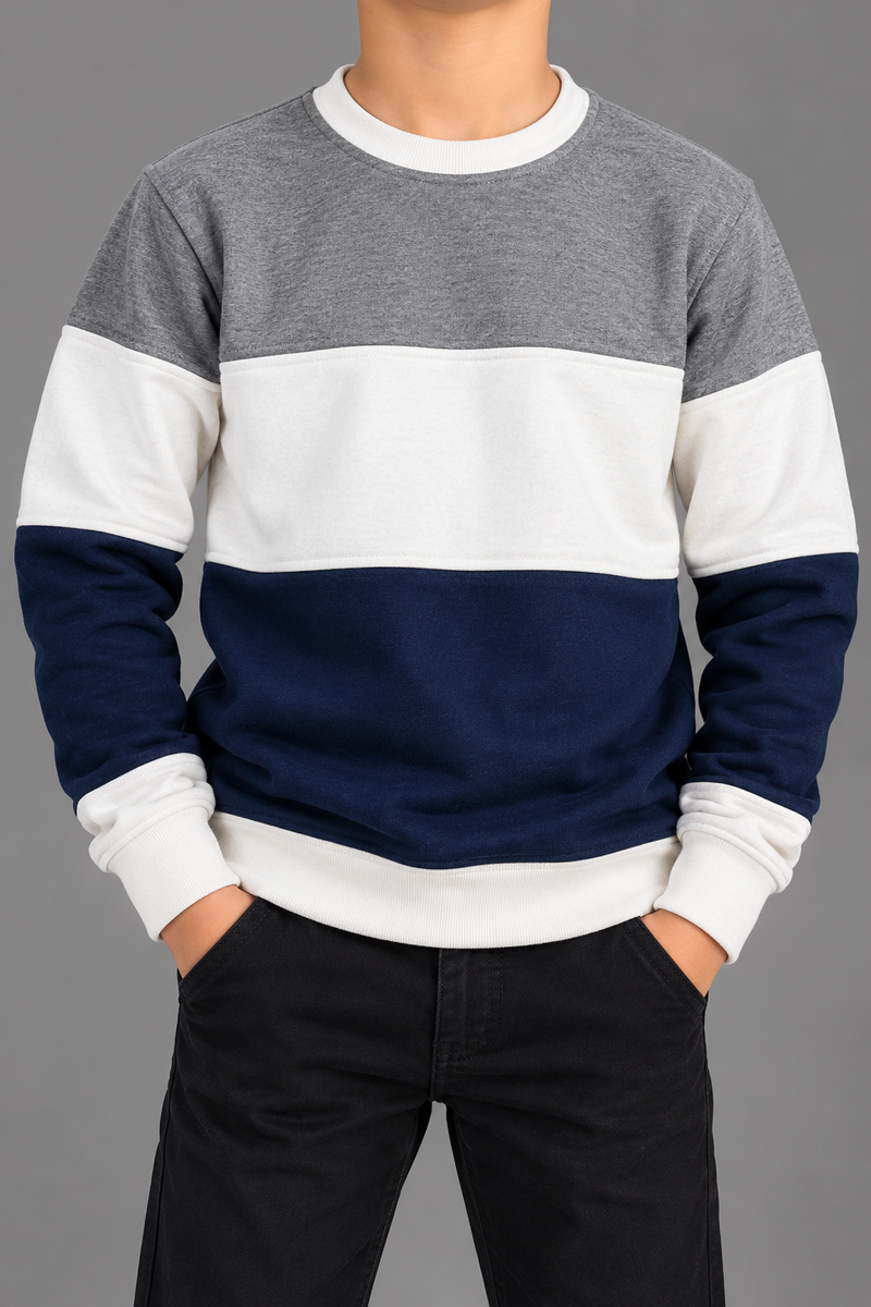 Boys’ Grey, White & Navy Blue Colorblock Fleece Sweatshirt – Winter Collection-MU438