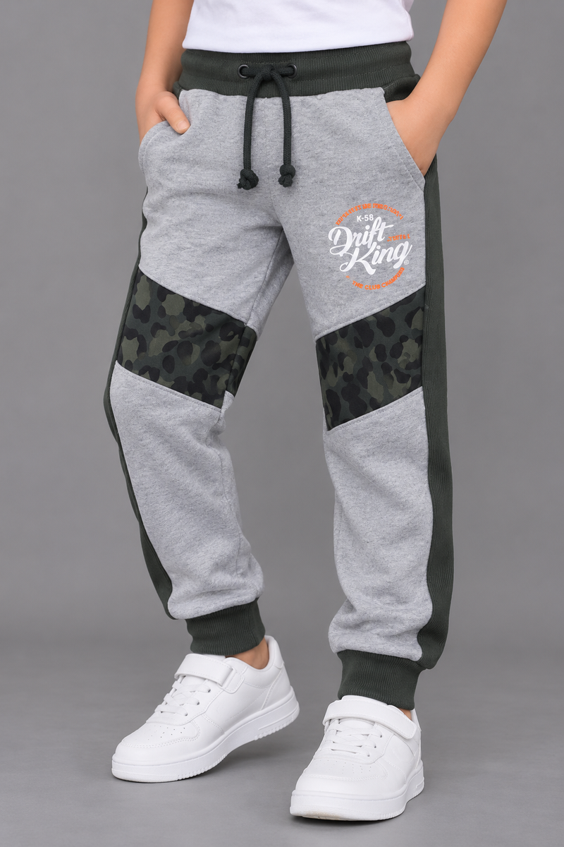 Boys Fleece Grey & Olive Green Camouflage Panel Drift King Jogger Trouser-MU255