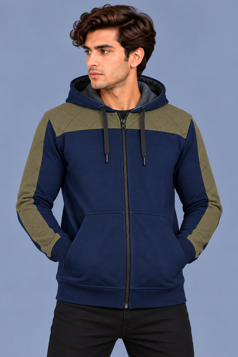 Men’s Navy Blue Hoodie with Olive Green Quilted Shoulder & Sleeve Panels-MU308