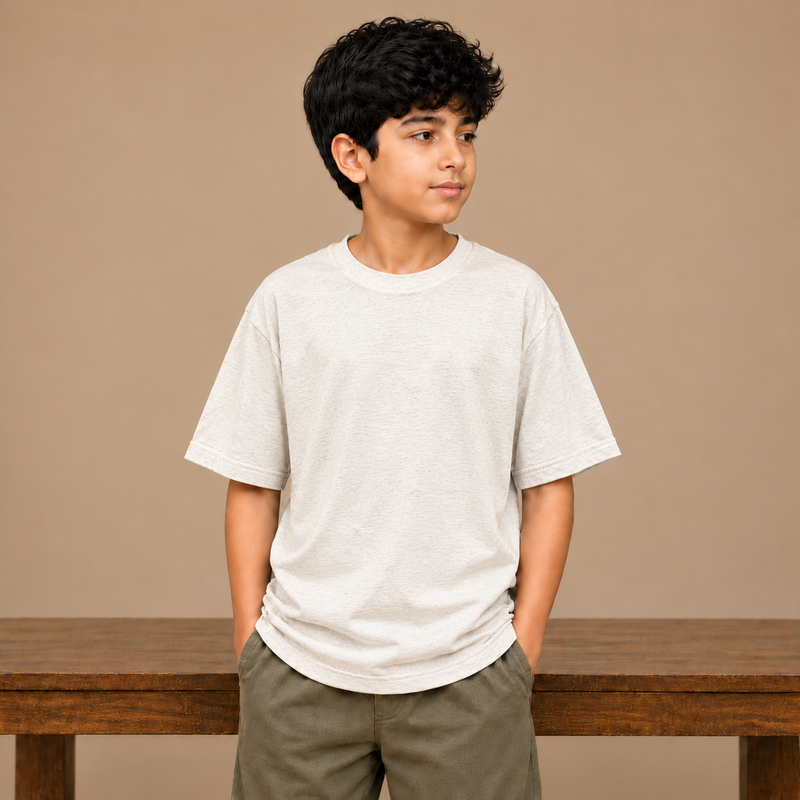 Kids Oversized Down Shoulder T-Shirt – off-white mélange  na07