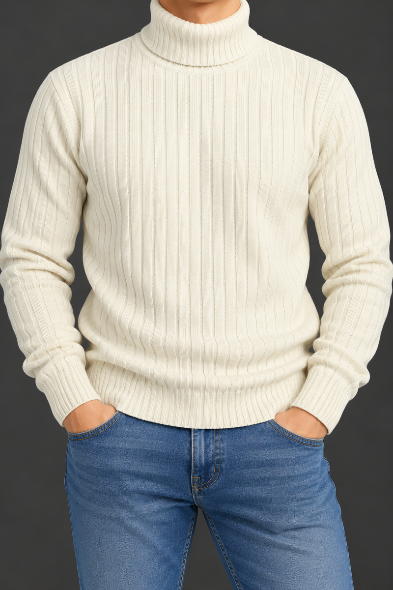 Men’s Cream Ribbed Turtleneck Sweater – Full Sleeve Winter Knit Pullover-MU406