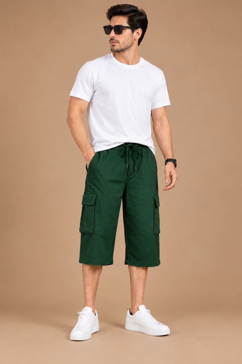 Men's dark green Summer Three Quarter Cargo Shorts – Soft Cotton Casual Capri with Side Pockets h1345