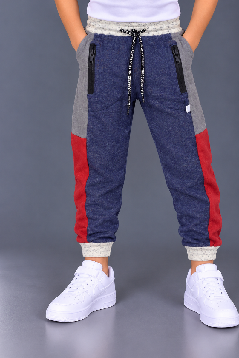 Kids Premium Navy Blue, Grey & Red Color Block Jogger Trouser-MU323