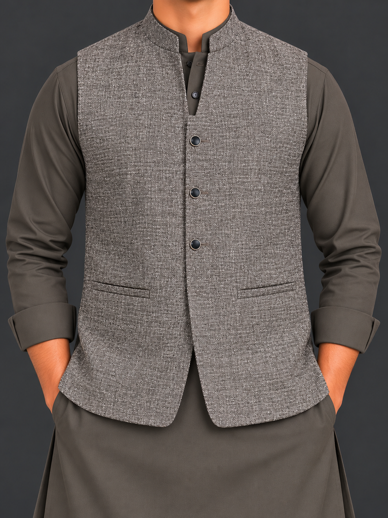 Men’s Premium Charcoal Grey Textured Waistcoat with Straight Collar – Classic Traditional Style-MU490